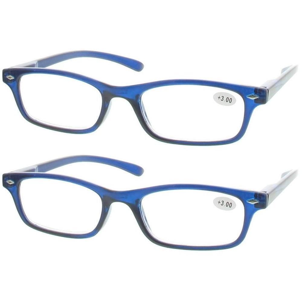 Twee paar blauwe leesbrillen met +3.00 dioptrie.