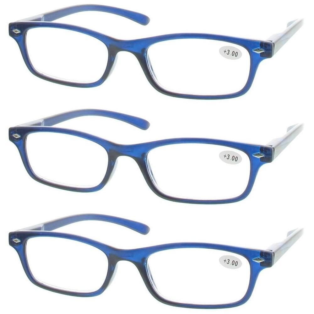 Drie paar blauwe leesbrillen met +3.00 dioptrie.