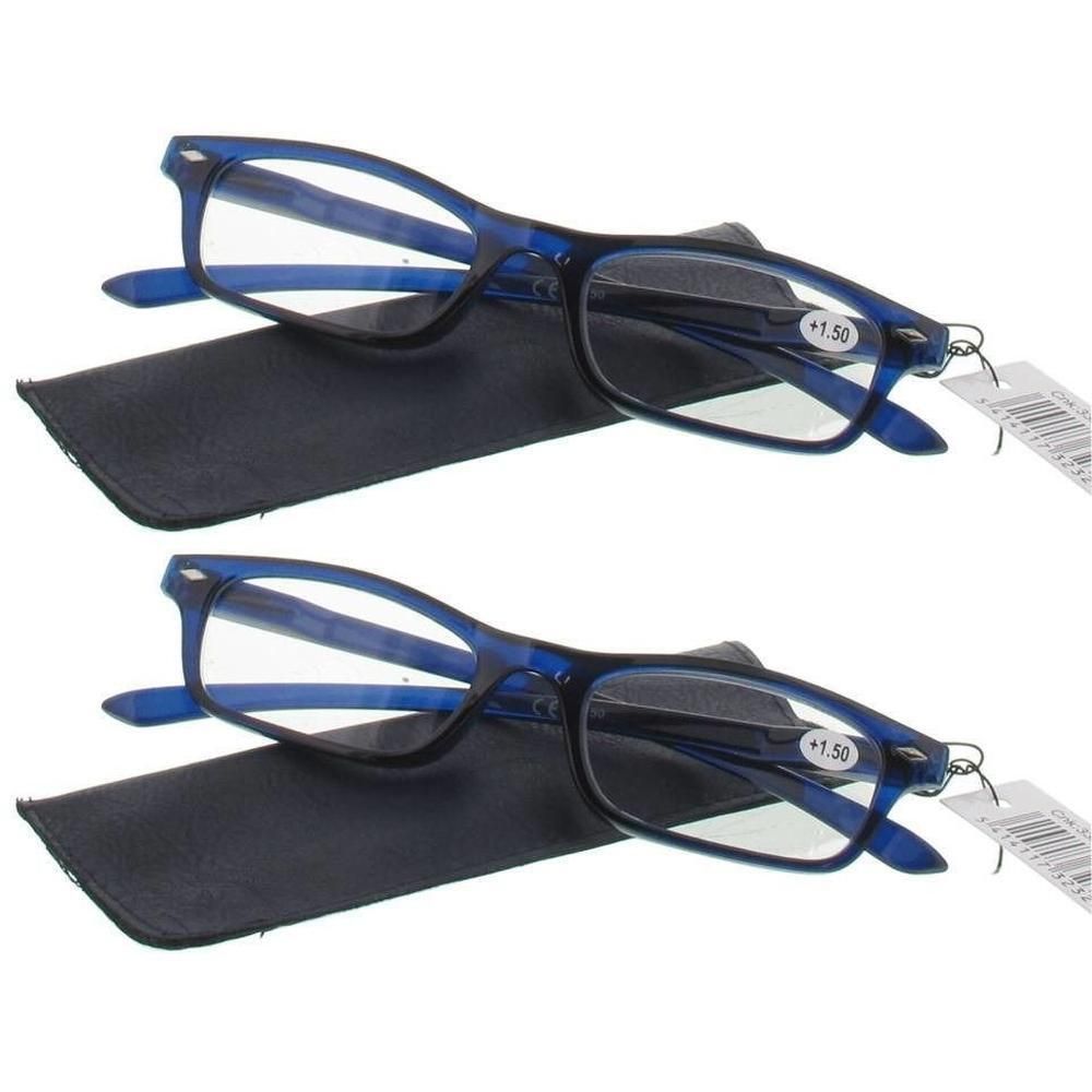 Twee paar blauwe leesbrillen met etuis. Elke bril heeft een sterkte van +1.50.
