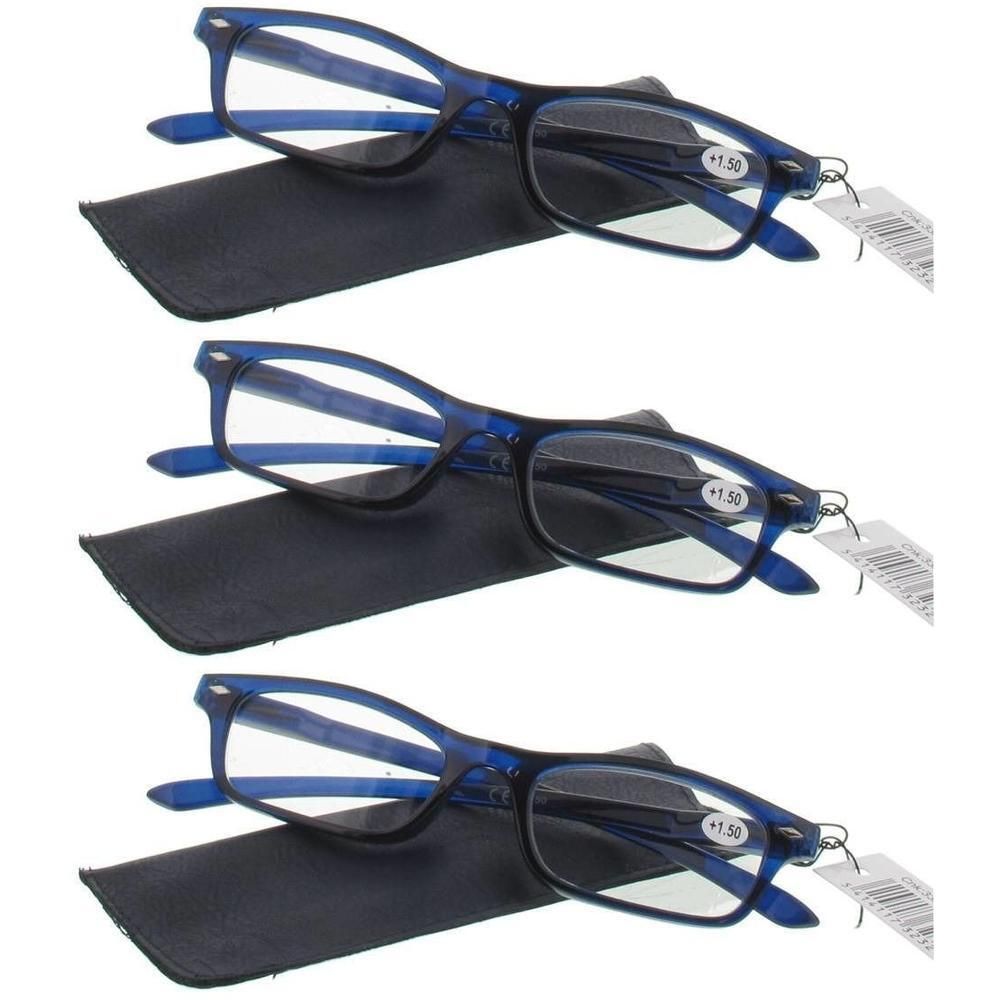 Drie paar blauwe leesbrillen met etuis. Elk paar is +1.50.