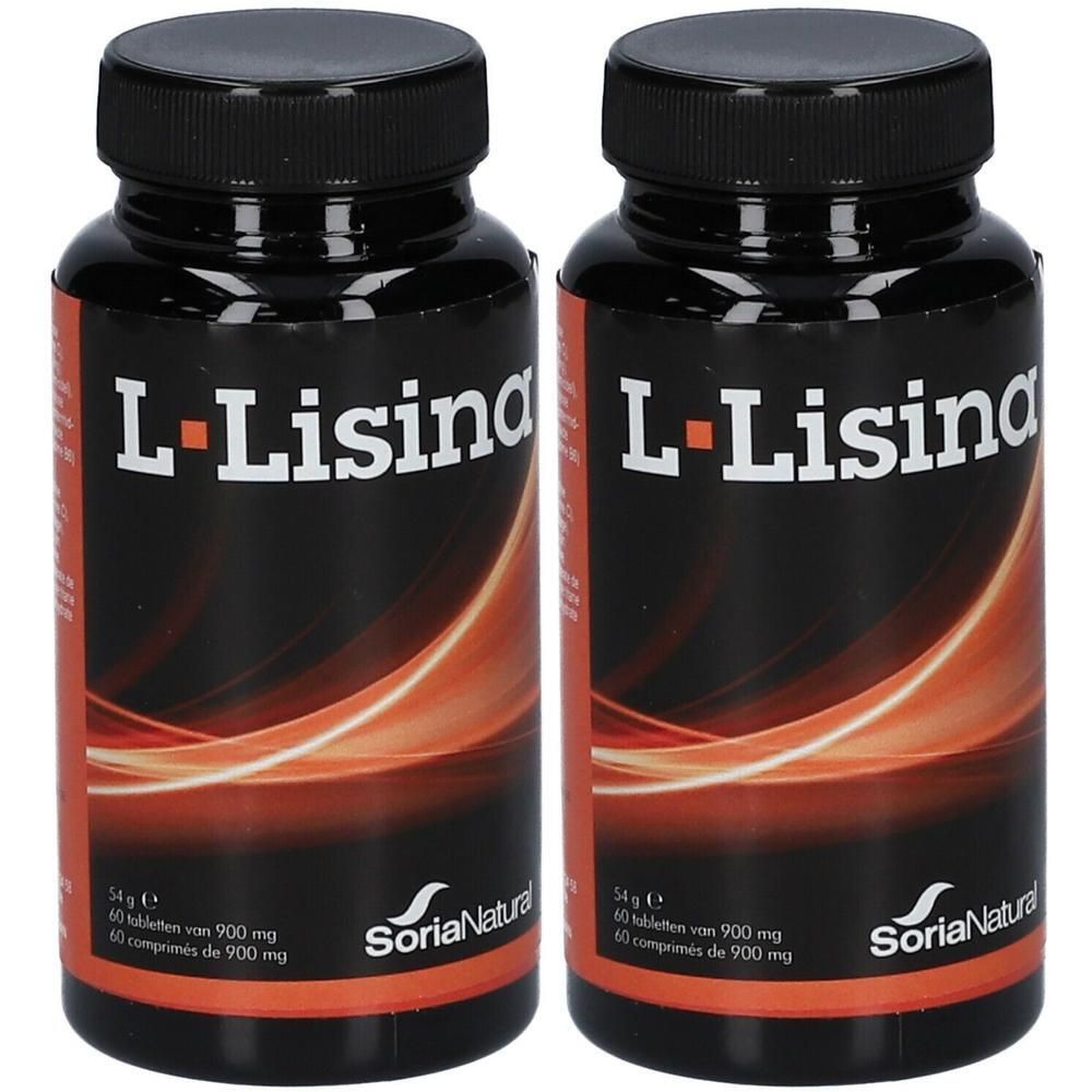 Twee flessen L-Lisina voedingssupplementen met zwarte schroefdoppen en een oranje-zwart etiket.