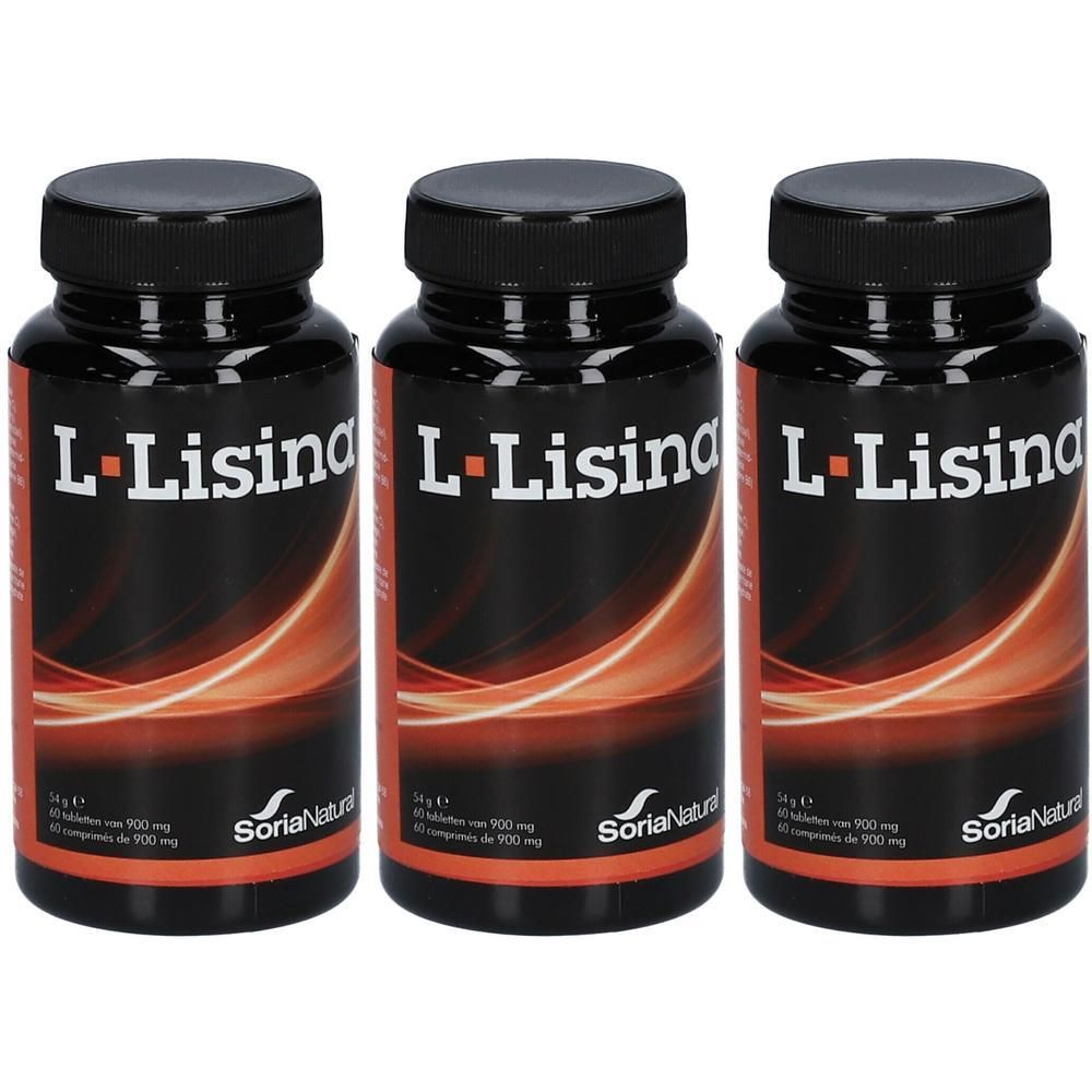 Drie flessen L-Lysine van Soria Natural, zwarte dop, zwart-oranje etiket.