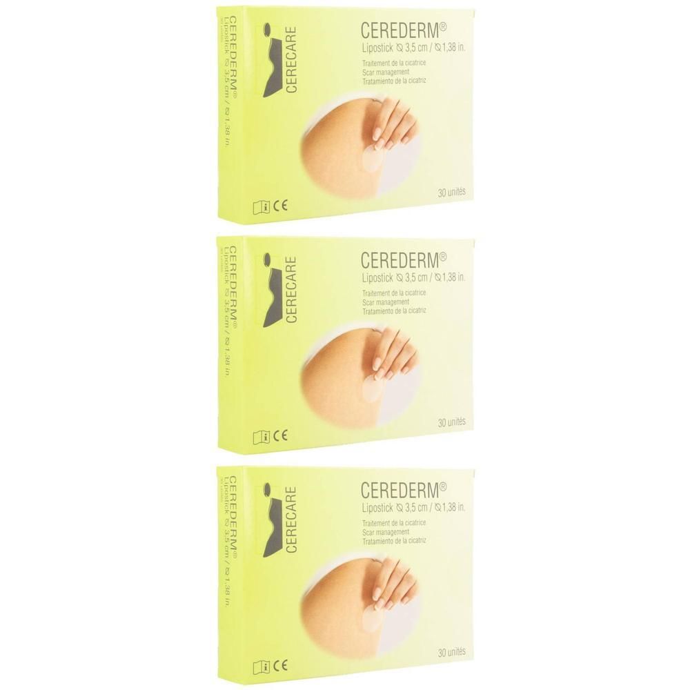 Trois boîtes de Cerederm Lipostick, 12,5 cm / 0,38 po. Pansement transparent.