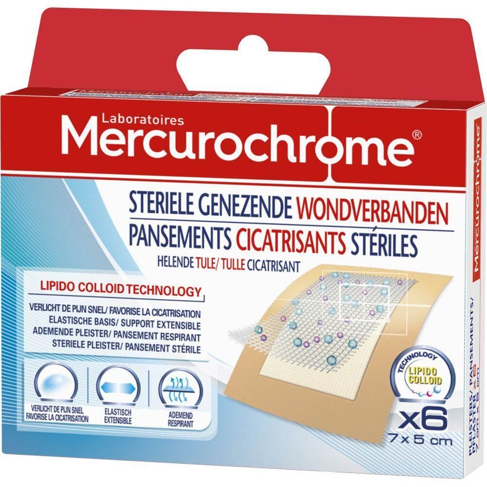 Mercurochrome steriele wondverbanden met Lipido Colloid Technology, 6 stuks, 7x5 cm.