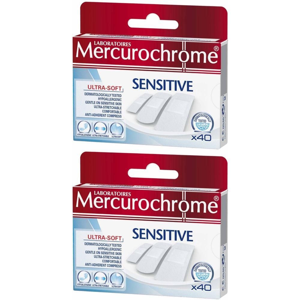 Twee pakken Mercurochrome Sensitive pleisters, 40 stuks per pak. Ultra-zacht, dermatologisch getest.