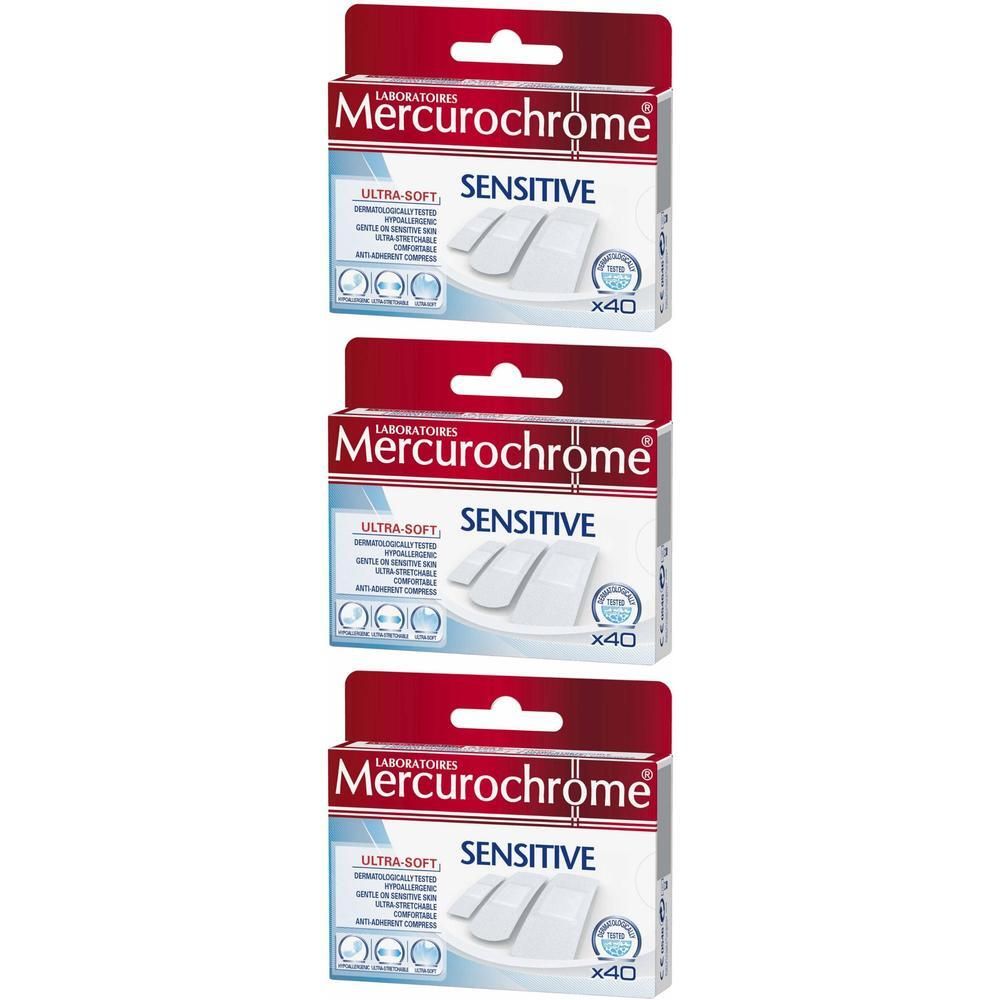 Trois boîtes de pansements Mercurochrome Sensitive, 40 pansements par boîte.