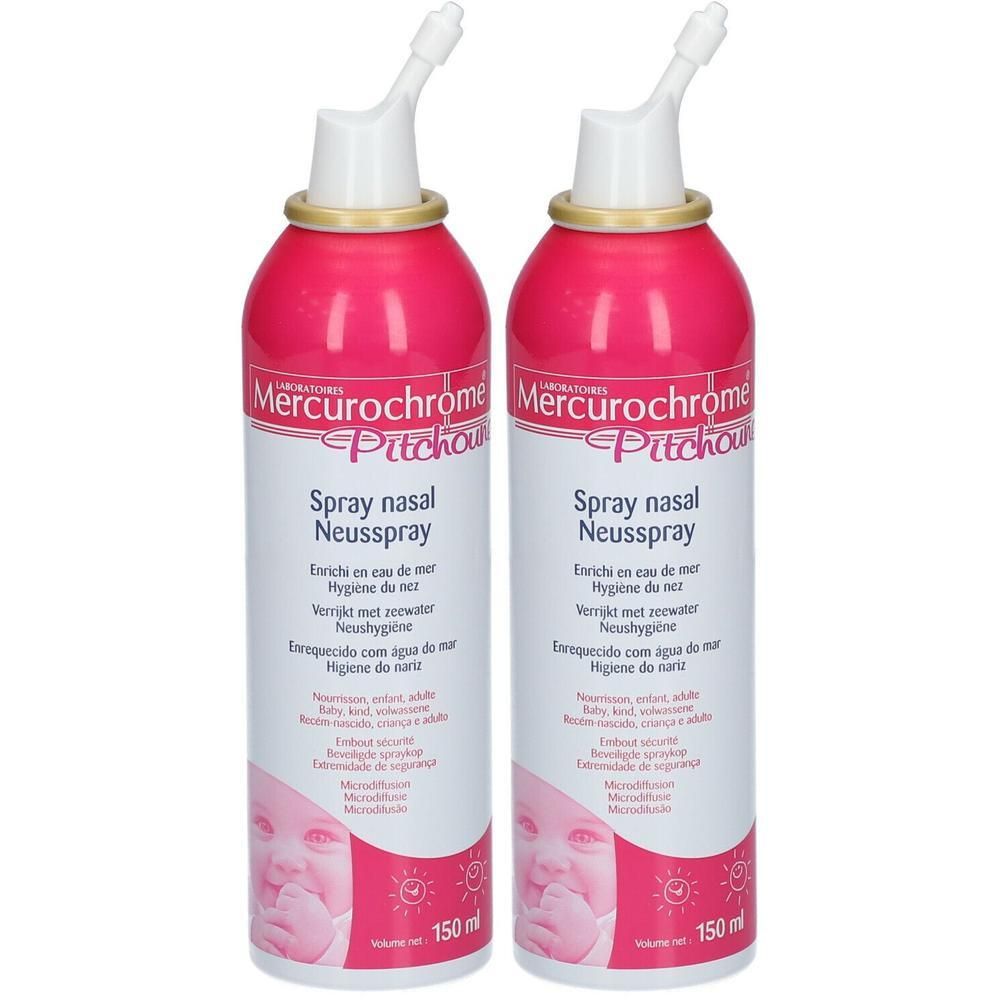 Deux sprays nasaux Mercurochrome Pitchoune en boîtes roses avec applicateur blanc.