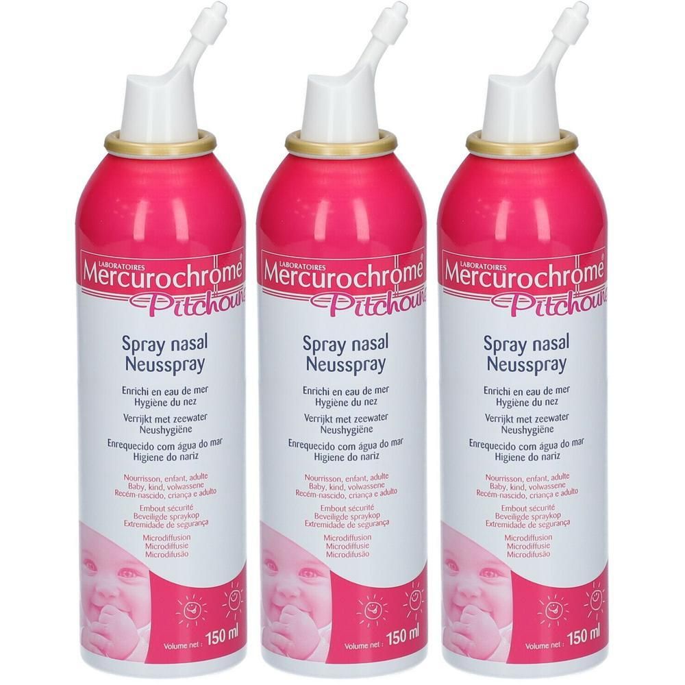 Drie roze sprayflessen met neusspray, elk 150 ml.