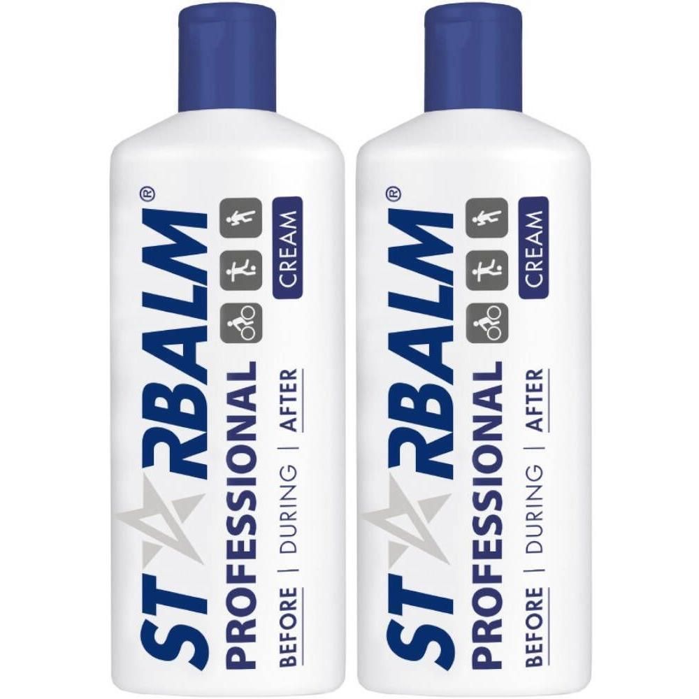 Deux flacons blancs STARBALM Professional Cream avec bouchons bleus. Texte : 'PROFESSIONAL CREAM BEFORE | DURING | AFTER'.