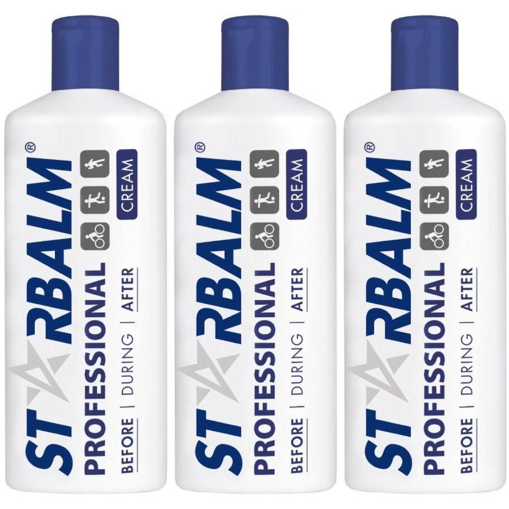 Trois bouteilles blanches STARBALM PROFESSIONAL CREAM avec bouchons bleus. Texte : 'BEFORE | DURING | AFTER'.