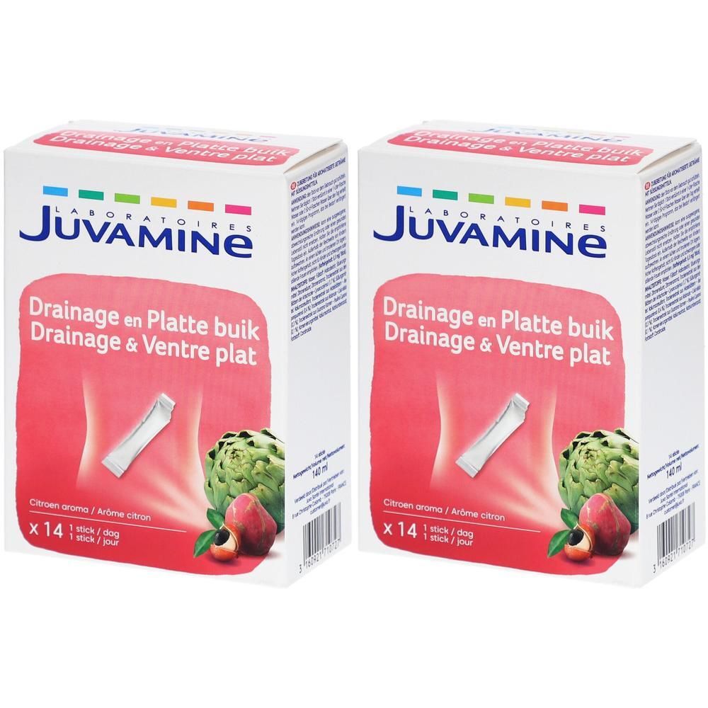 Deux boîtes Juvamine Drainage & Ventre Plat, 14 sticks chacune. Arôme citron.