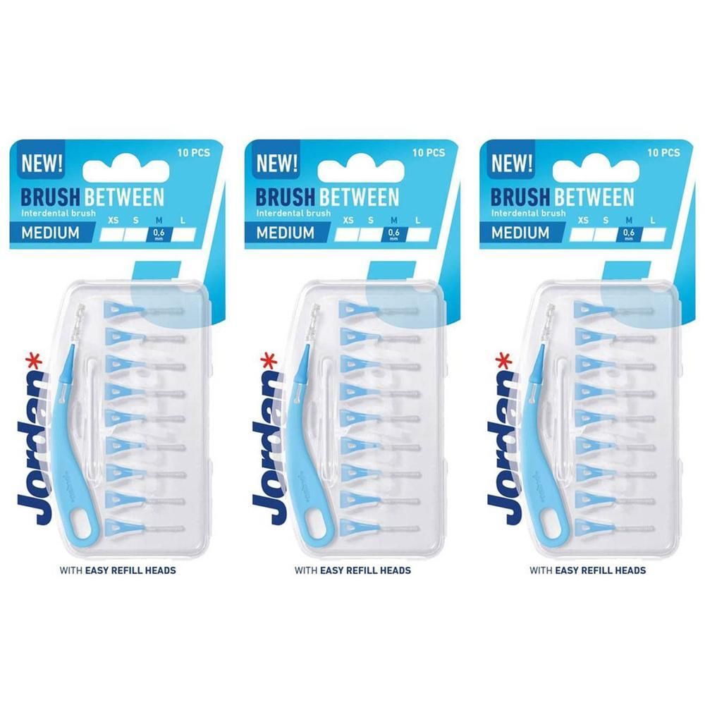 Trois paquets de brosses interdentaires Jordan Brush Between, Medium, 0,6 mm, 10 pièces par paquet.