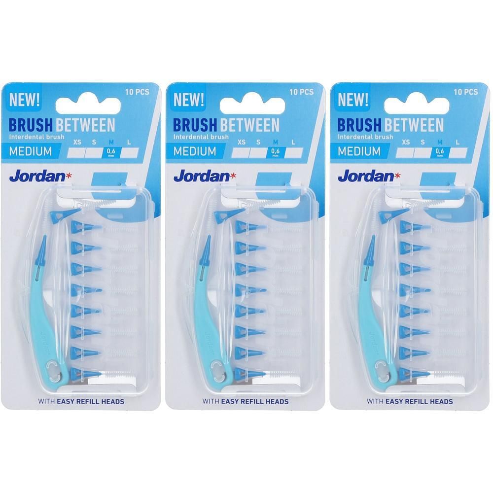 Trois paquets de brosses interdentaires Jordan Brush Between, Medium, 0,6 mm, 10 pièces par paquet.