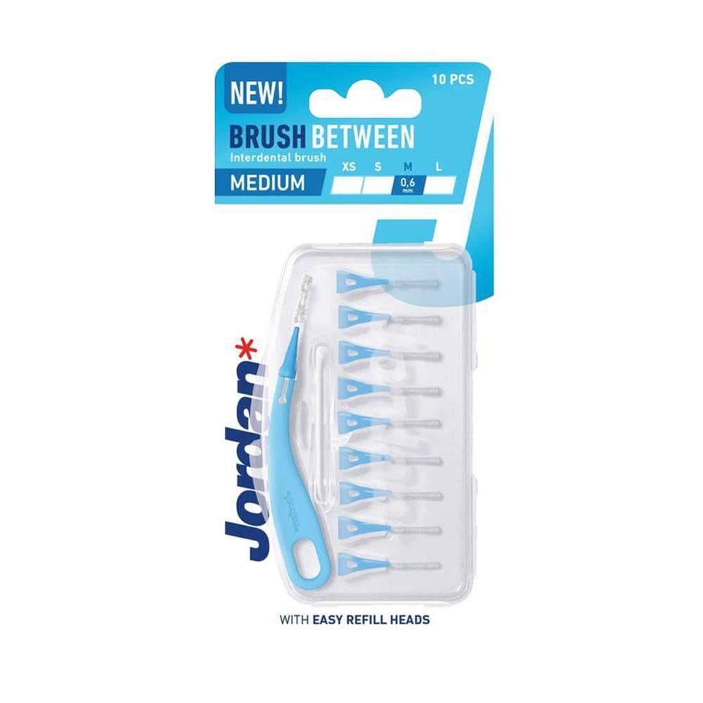 Jordan Interdentale borstel Medium, 10 stuks in blisterverpakking. Borstel met blauw handvat en 9 reservekopjes.