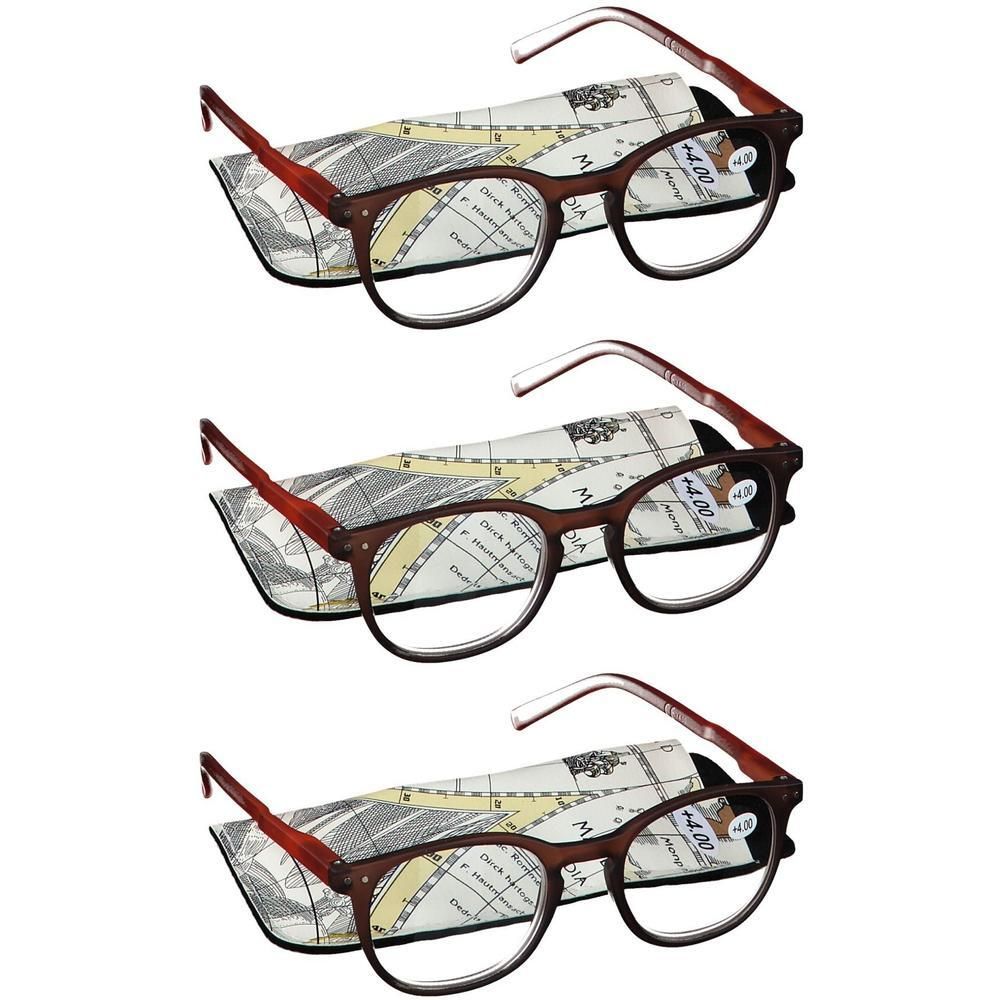 Drie leesbrillen met bruin montuur en etui met kaartpatroon. Sterkte +4.00.