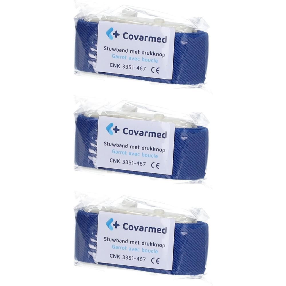 Drie Covarmed tourniquets met drukknop, blauw, individueel verpakt. CE-markering zichtbaar.