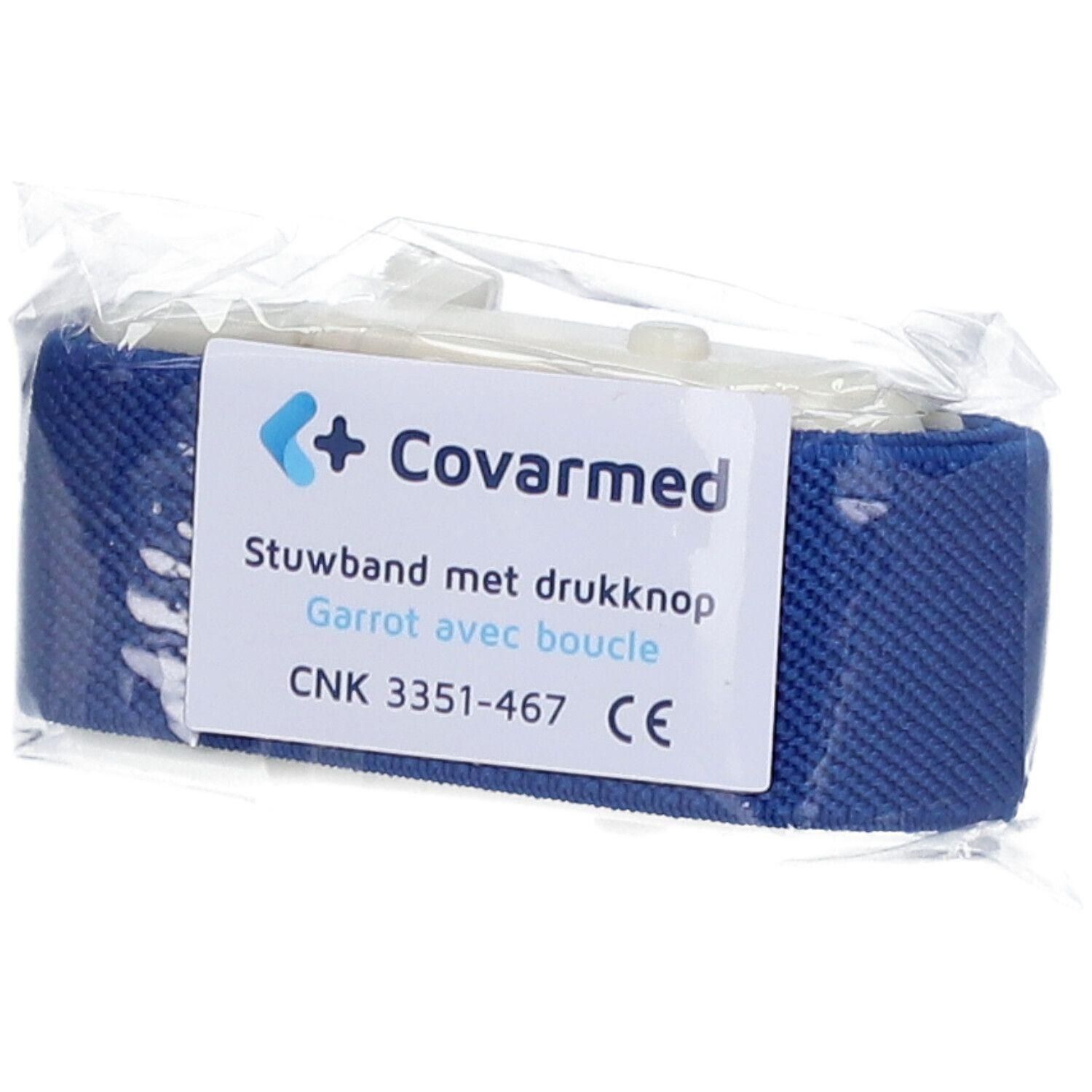 Blauwe stuurband met drukknop en CE-markering. Merk: Covarmed.