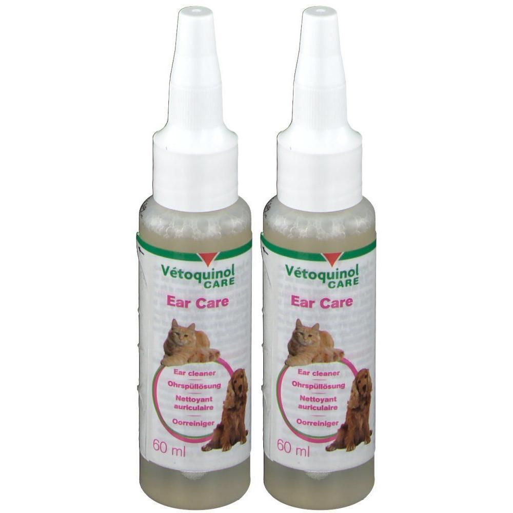 Deux flacons Vetoquinol Ear Care Nettoyant auriculaire, 60 ml chacun.