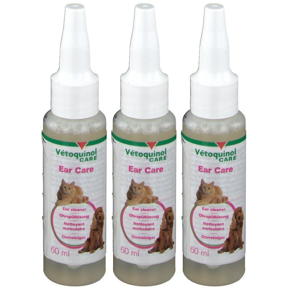 Trois flacons Vetoquinol Ear Care Nettoyant auriculaire, 60 ml chacun.