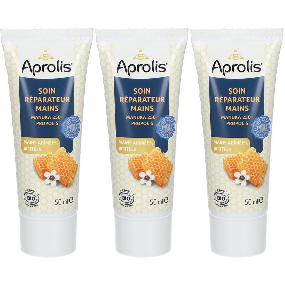 Trois tubes de crème réparatrice pour les mains Aprolis Miel Manuka, 50 ml.