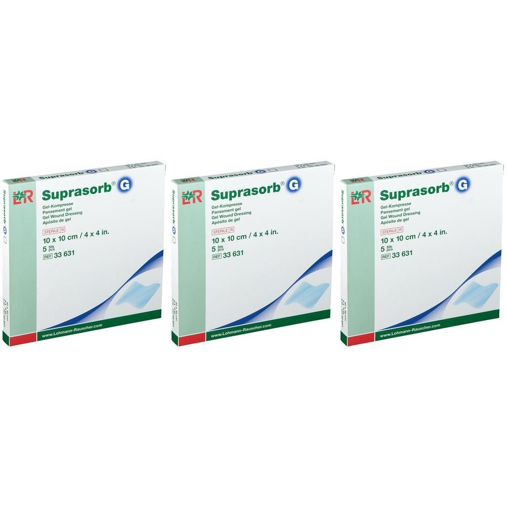 Drie verpakkingen Suprasorb G Gel-verband, 10 x 10 cm.