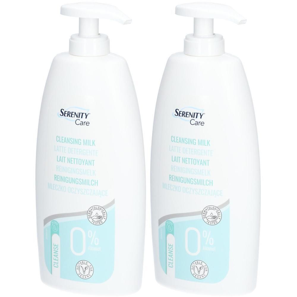 Deux flacons pompe blancs de Lait Nettoyant Serenity Care. "0% parfum" est visible.