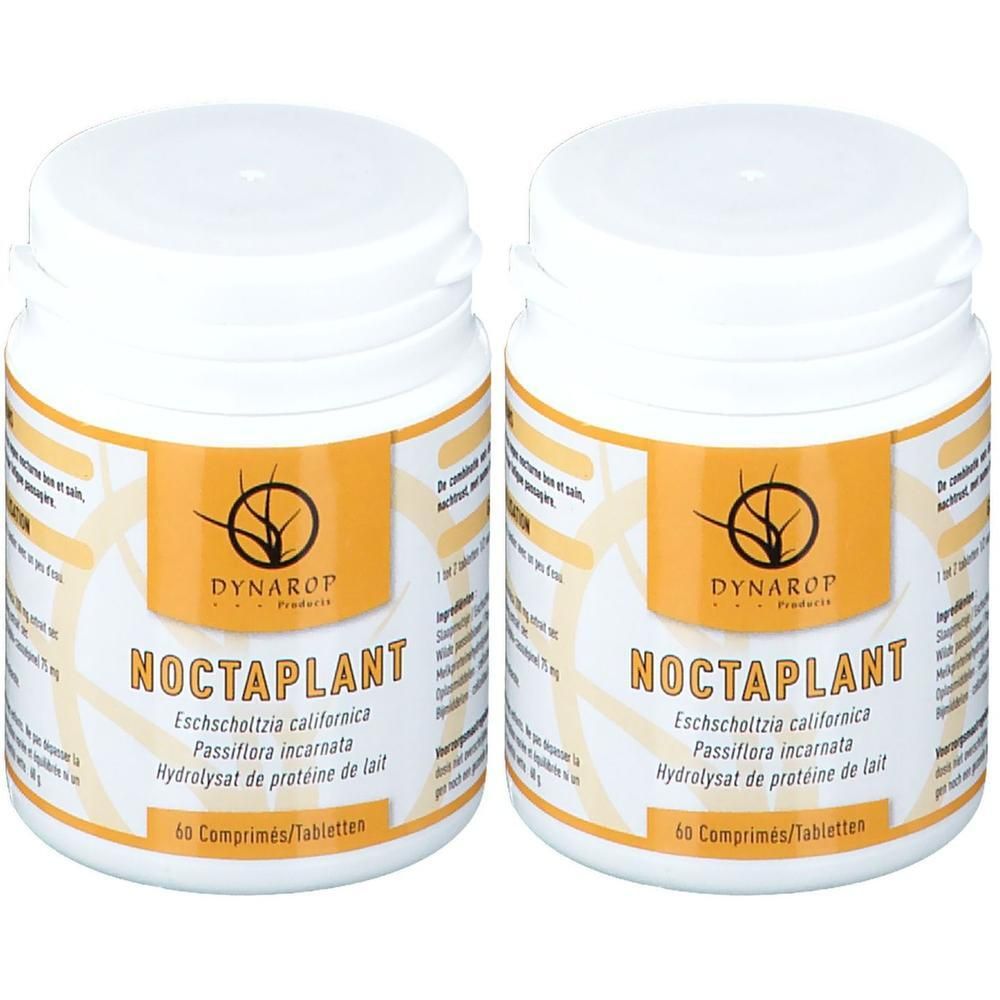 Twee potten Dynarop Noctaplant, elk met 60 tabletten. Witte potten met oranje etiket.