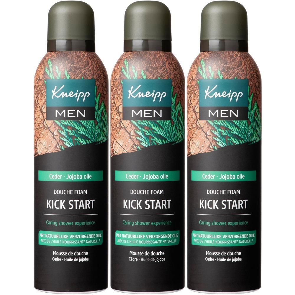 Drie flacons Kneipp Men Kick Start Douche Mousse Ceder - Jojoba Olie.