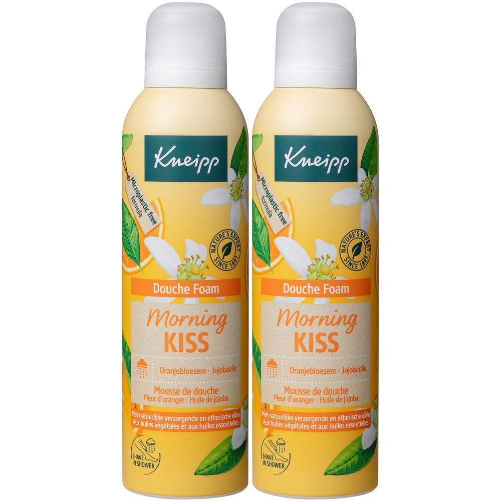 Deux flacons de mousse de douche Kneipp Morning Kiss, parfum fleur d'oranger et huile de jojoba.