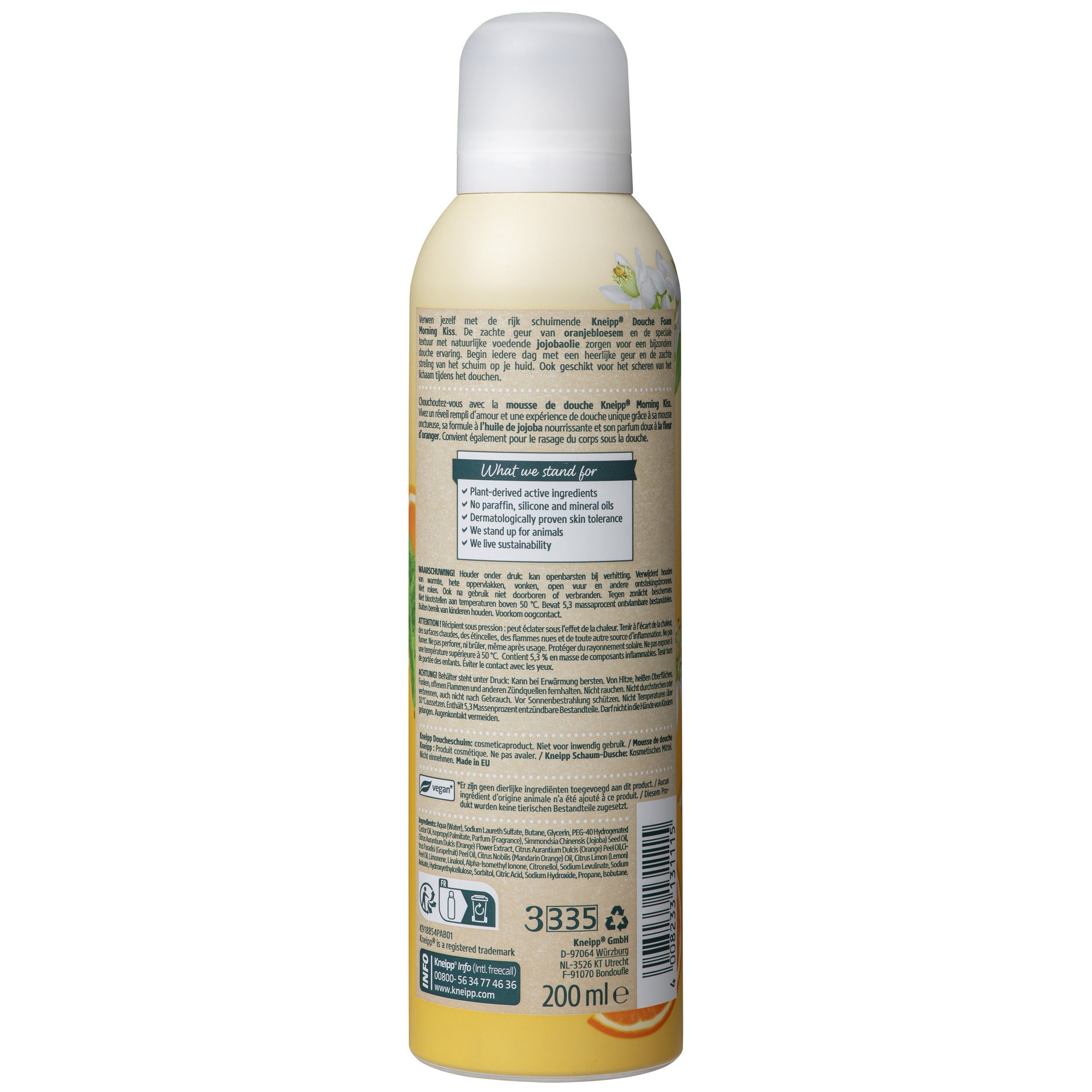 Arrière d'un flacon de mousse de douche Kneipp Morning Kiss avec ingrédients et instructions.