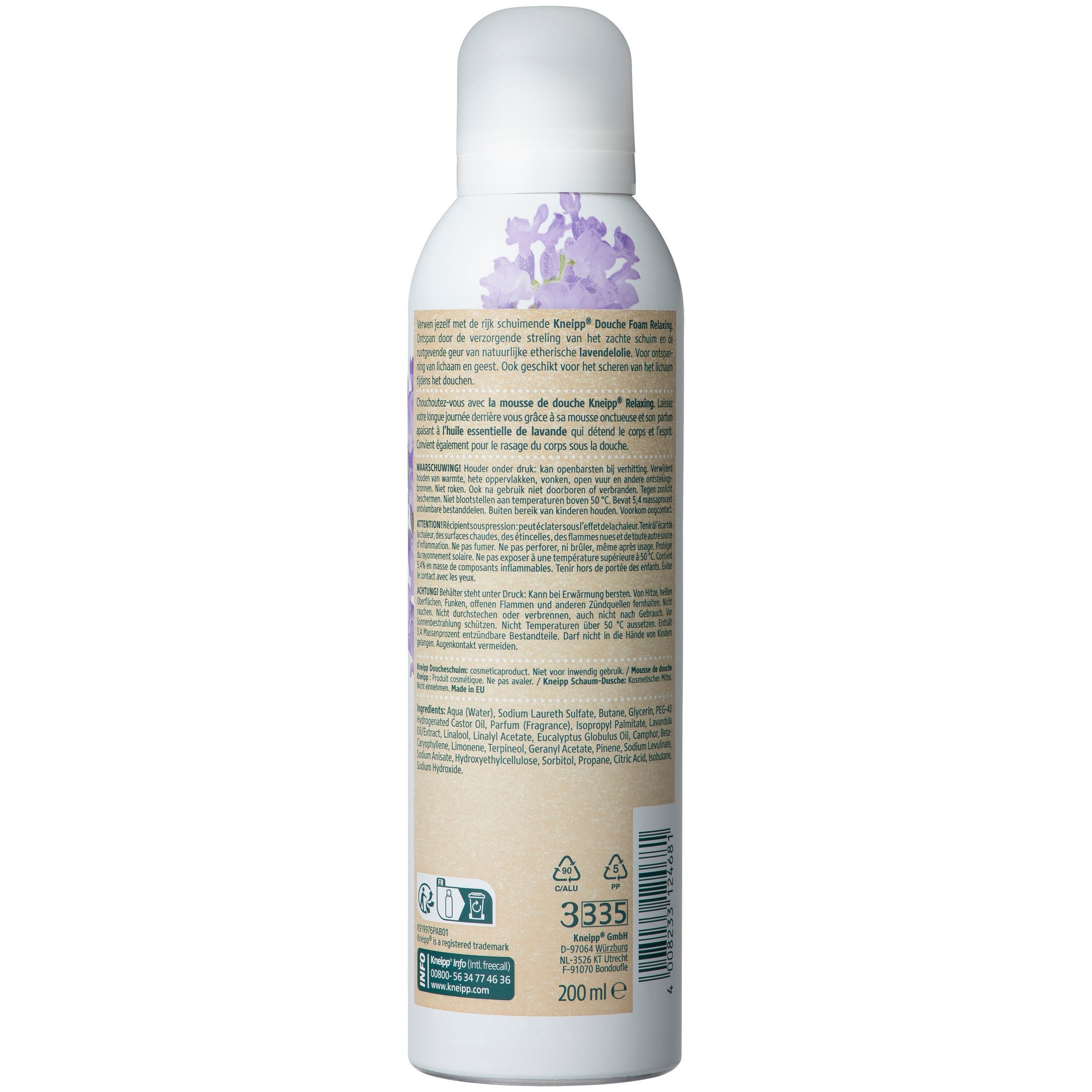 Achterkant van een fles Kneipp Douche Mousse Lavendel Relaxing met ingrediënten en gebruiksaanwijzing.