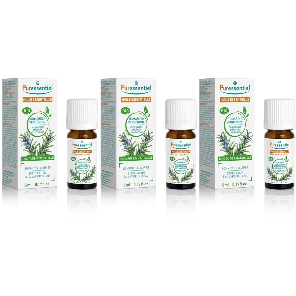 Trois boîtes de Puressentiel Huile Essentielle Bio Romarin à Verbenone, chacune avec une bouteille de 5ml.