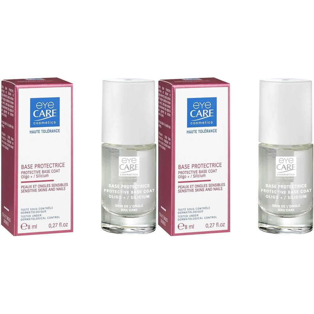 Drie flessen Eye Care Beschermende Basecoat met doosjes. Heldere vloeistof in glazen flesjes met witte doppen.