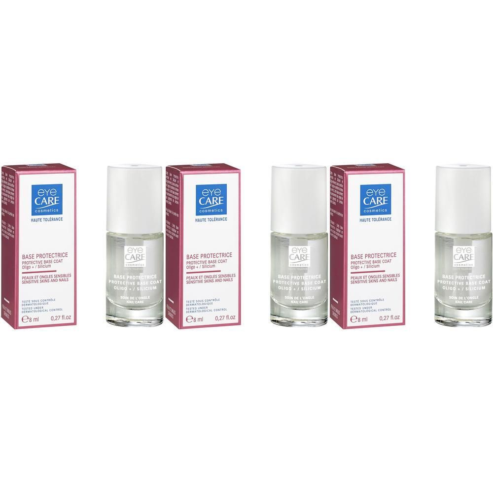 Vier flesjes Eye CARE Base Protectrice met beschermkap en verpakking. Heldere vloeistof.