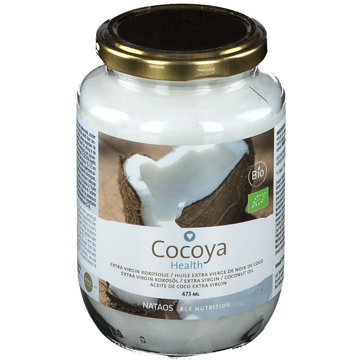 Bocal d'huile de coco, label Bio et image de noix de coco. Contient 473 ml.