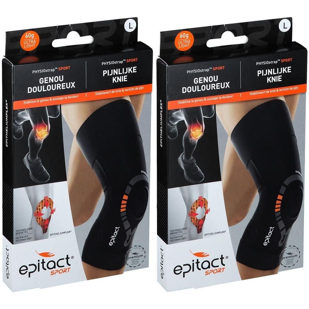 Twee Epitact Sport kniebraces maat L. Zwart design met oranje accenten en logo.