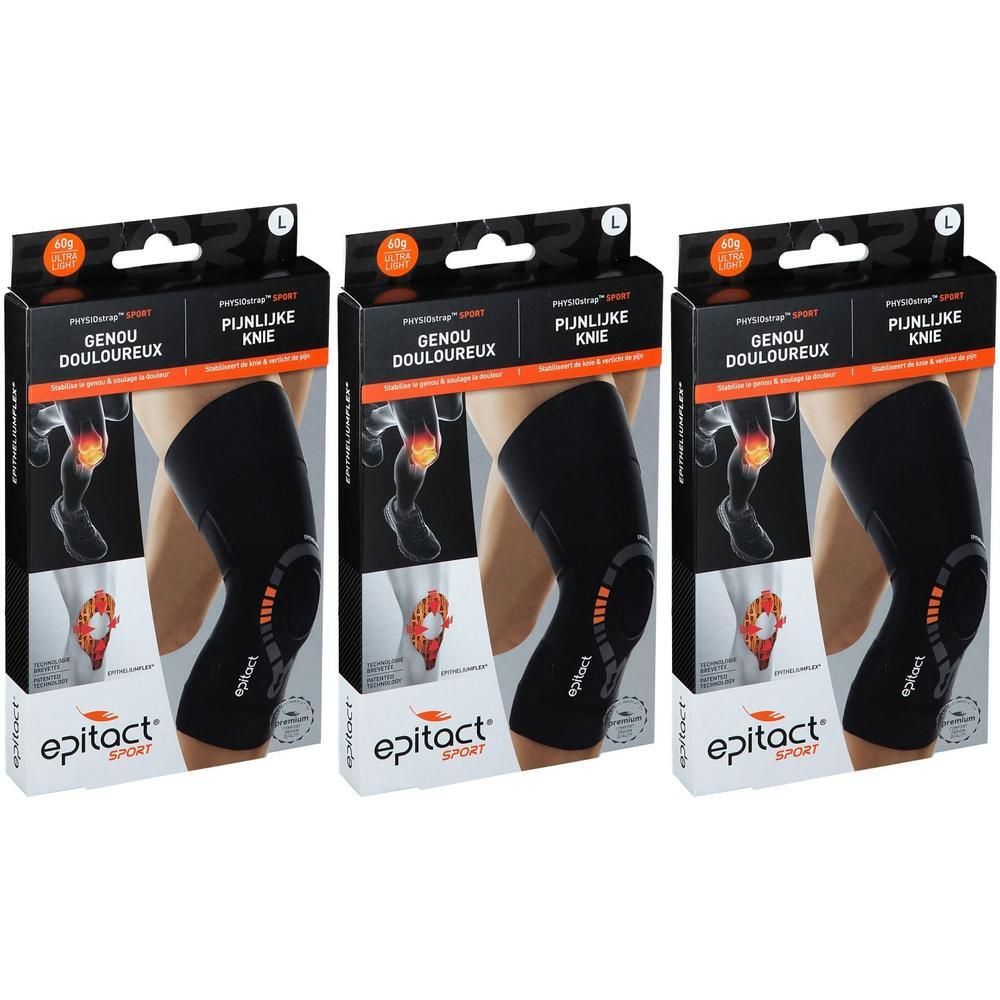 Drie pakken Epitact Sport kniebraces in zwart. Toont een menselijke kuit en knie met pijnpunten.