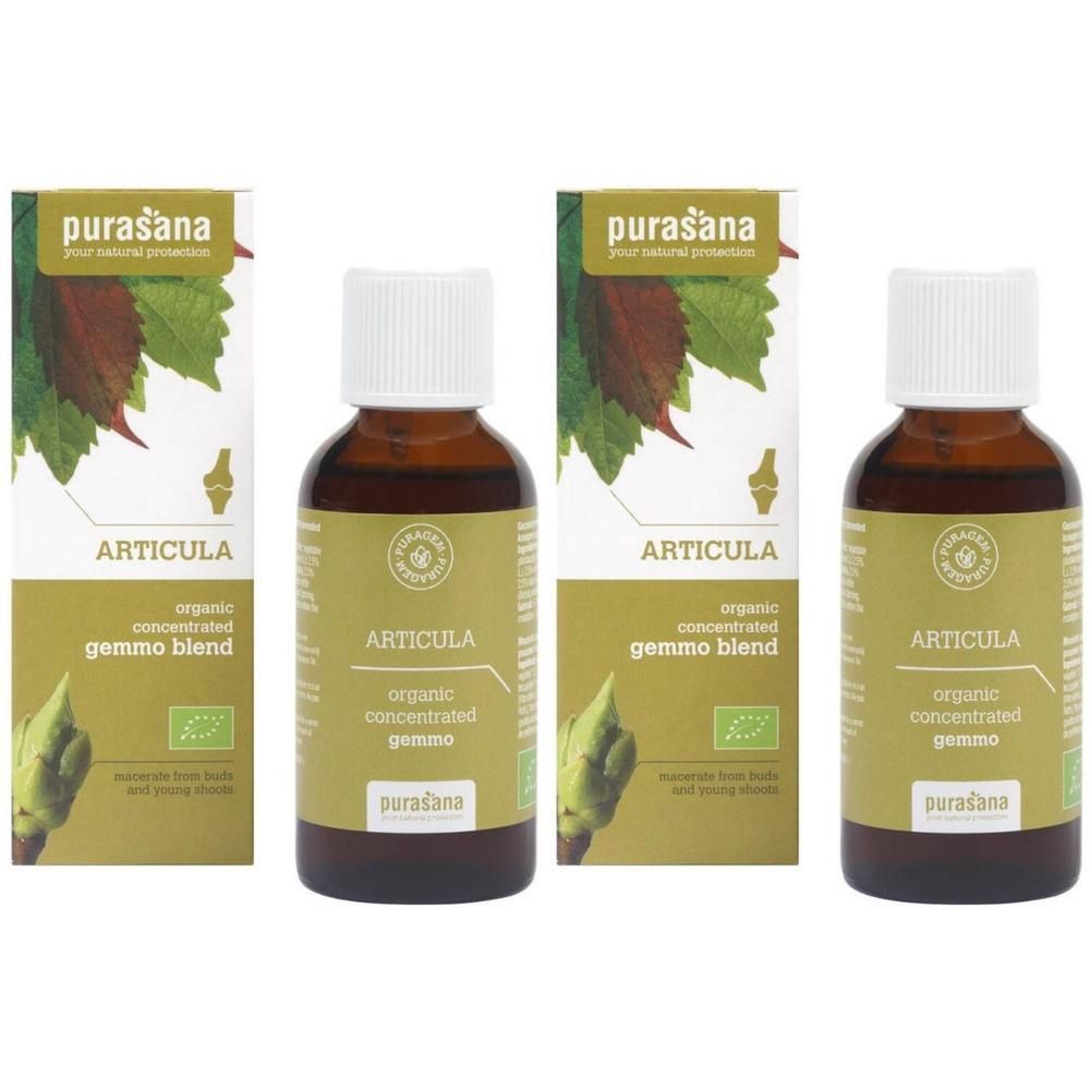 Purasana Articula: Twee flesjes en een doosje met biologische gemmo blend.