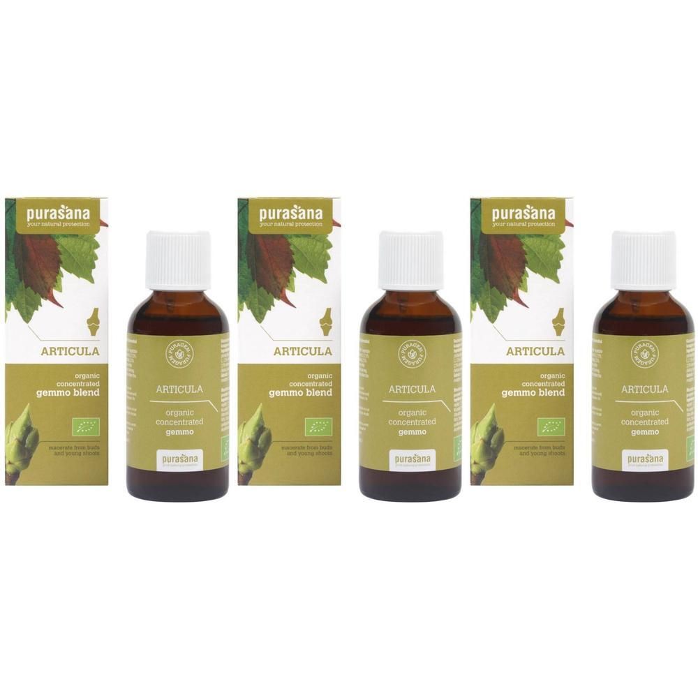 Quatre flacons Purasana Articula Gemmo Blend avec feuilles et bourgeons sur l'emballage.