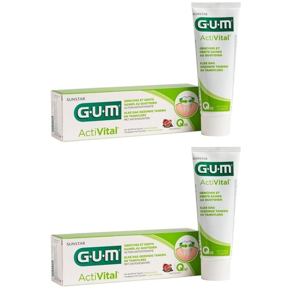 Deux tubes et boîtes de dentifrice GUM ActiVital avec Q10 et motif grenade.