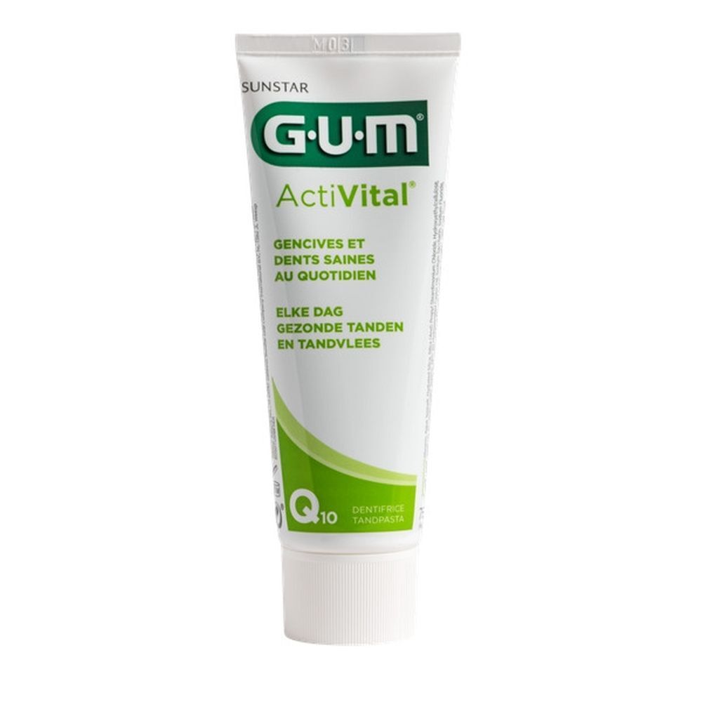 Een GUM ActiVital tandpastatube met Q10 en granaatappelafbeelding.