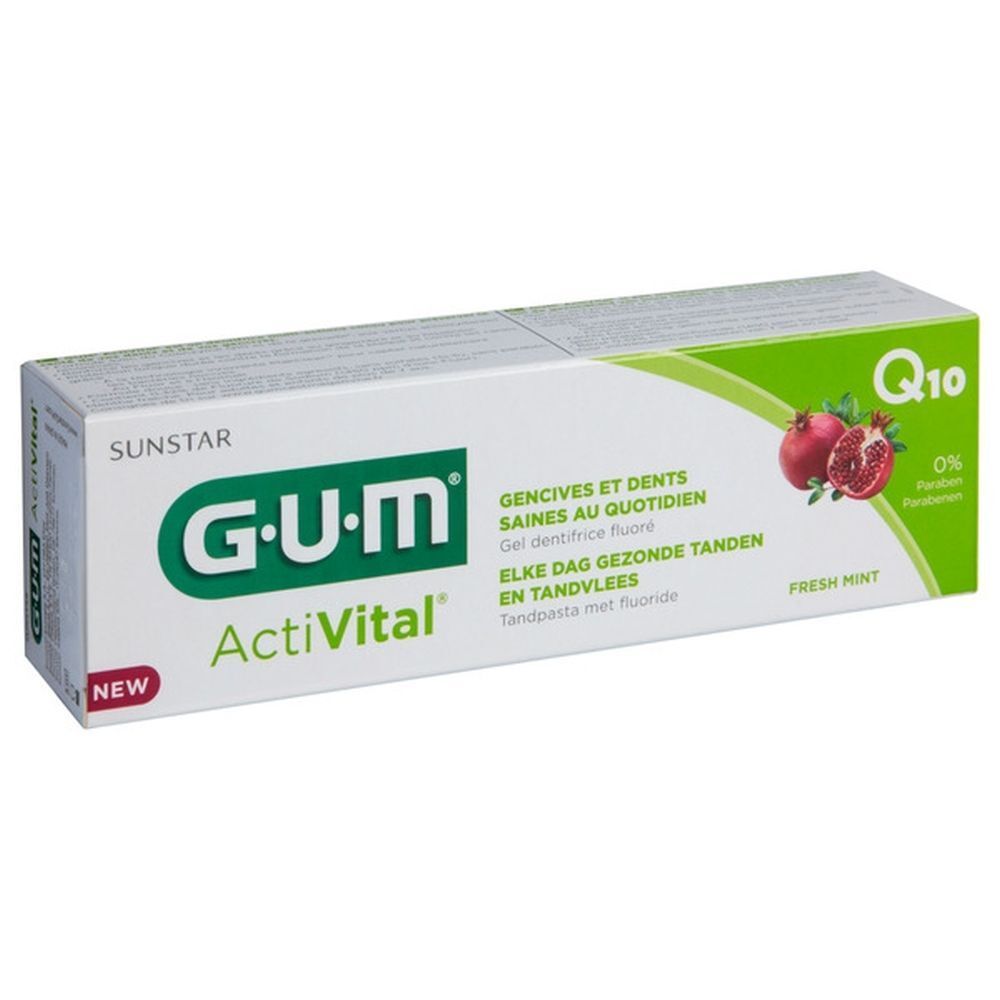 Een GUM ActiVital tandpastadoos met Q10, granaatappel en 'Fresh Mint' opschrift.