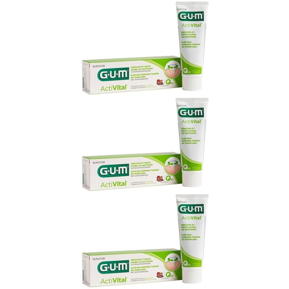 Drie GUM ActiVital tandpastatubes en dozen, Fresh Mint.