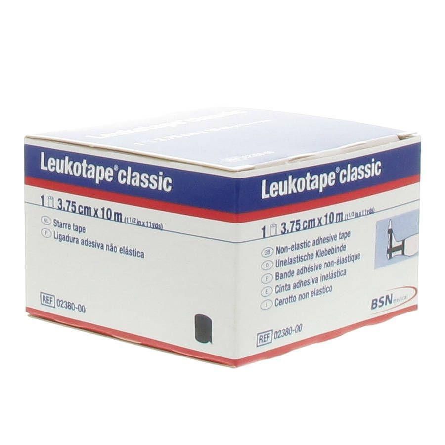 Doos Leukotape classic. Opschrift: 3.75cm x 10m. Bevat niet-elastische tape. Merk BSN.