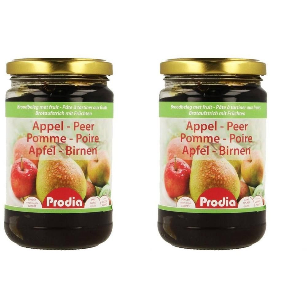 Deux pots de pâte à tartiner aux pommes et poires Prodia avec fruits.