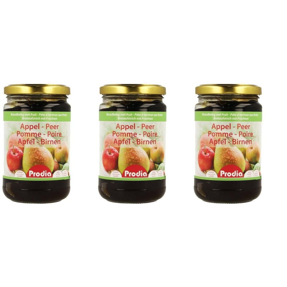 Drie potten Appel-Peer spread van Prodia met fruit op het etiket.
