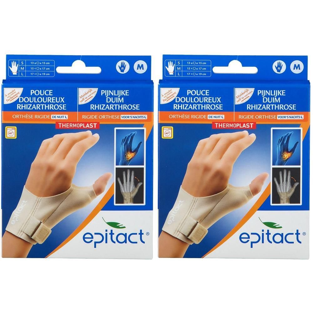 Twee verpakkingen Epitact duimbrace voor rhizartrose, beige, met klittenbandsluiting.