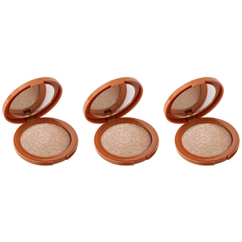 Drie open bronzing poeder compacts met spiegel en reliëfpatroon.