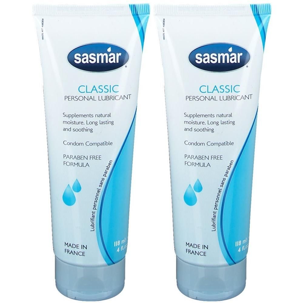 Twee tubes Sasmar Classic glijmiddel. Parabeenvrij, condoomcompatibel.