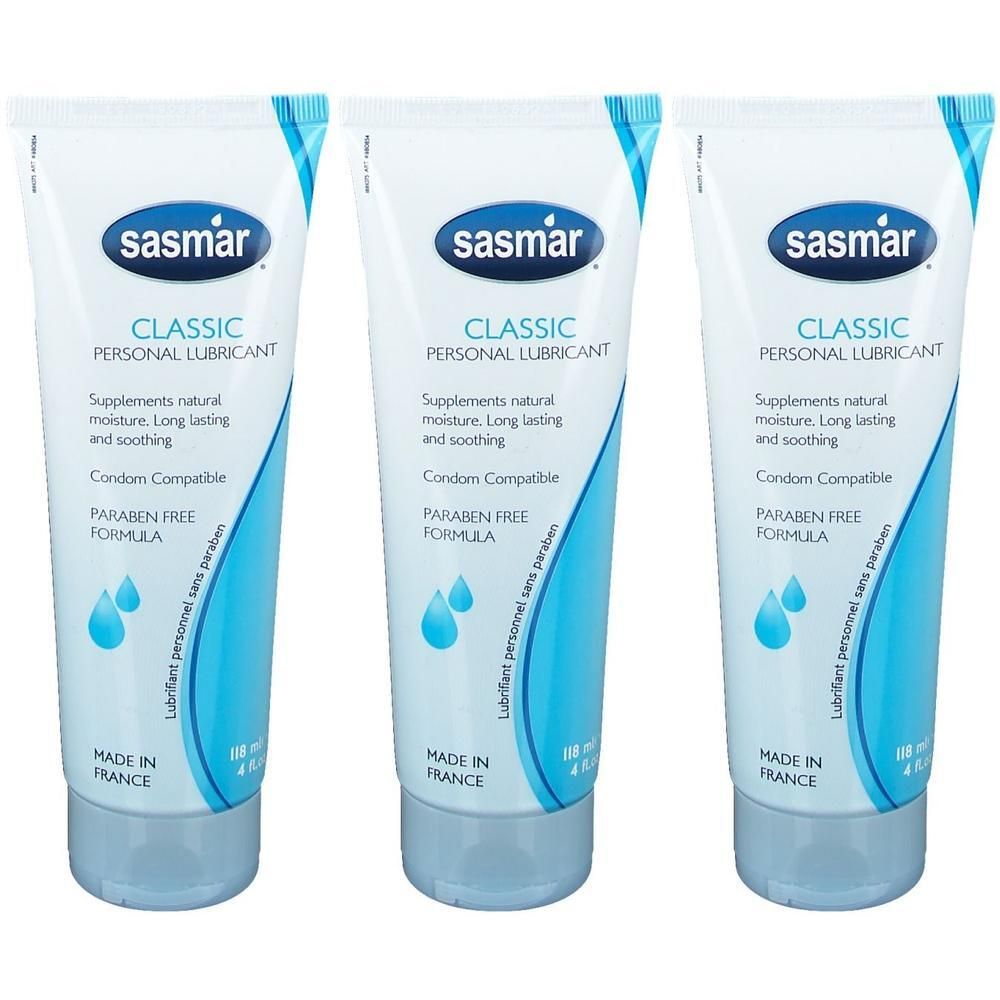 Trois tubes de lubrifiant personnel Sasmar Classic. Sans parfum, compatible avec les préservatifs.